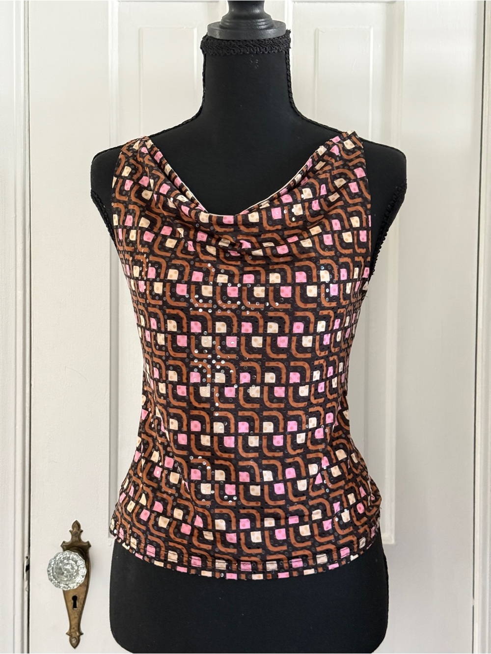 Geometric Print Cowl Neck Sleeveless Top - Pink & Brown
